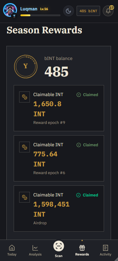 Yumo Yumo season rewards and INT claim screen